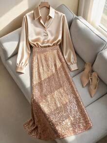 Franclia Plus Size Women's Elegant Satin Collared V-Neck Long Sleeve Shirt & Glitter Bodycon Maxi Dress 2-Piece Set, Suitable For Casual, Commute, Vacation, Afternoon Tea, Christmas Party