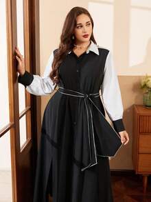 SHEIN Clasi Đầm sơ mi dài tay kiểu Pháp dáng dài màu sắc cổ điển sang trọng, cỡ lớn - màu đen - Xem 1