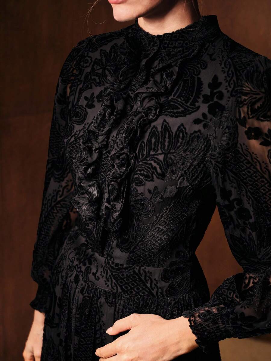 MOTF PREMIUM FLOCKING NOTCHED V NECK RUFFLE HEM DRESS