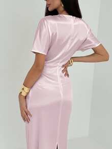 Aloruh Gaun Pesta Wanita Elegan dengan Kerah Berlipat, Warna Polos, Pinggang Berkerut, dan Lengan Kelelawar Panjang - Dusty Pink - View 3