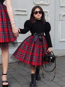 Elladie kids 女童可爱休闲泡泡袖翻领连衣裙，格子网裙，配腰带，适合日常穿着 - 黑色 - 查看 1