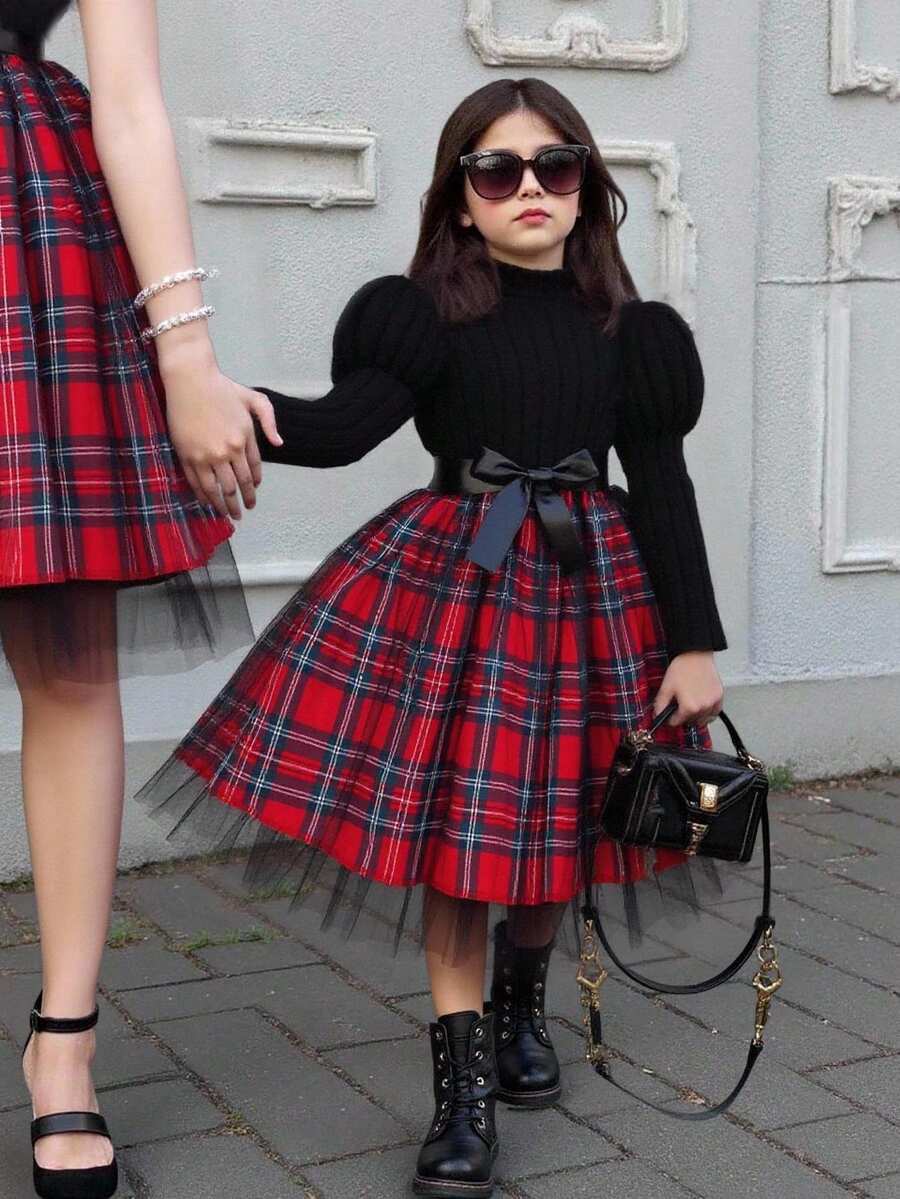 Elladie kids 女童可爱休闲泡泡袖翻领连衣裙，格子网裙，配腰带，适合日常穿着 - 黑色 - 查看 1