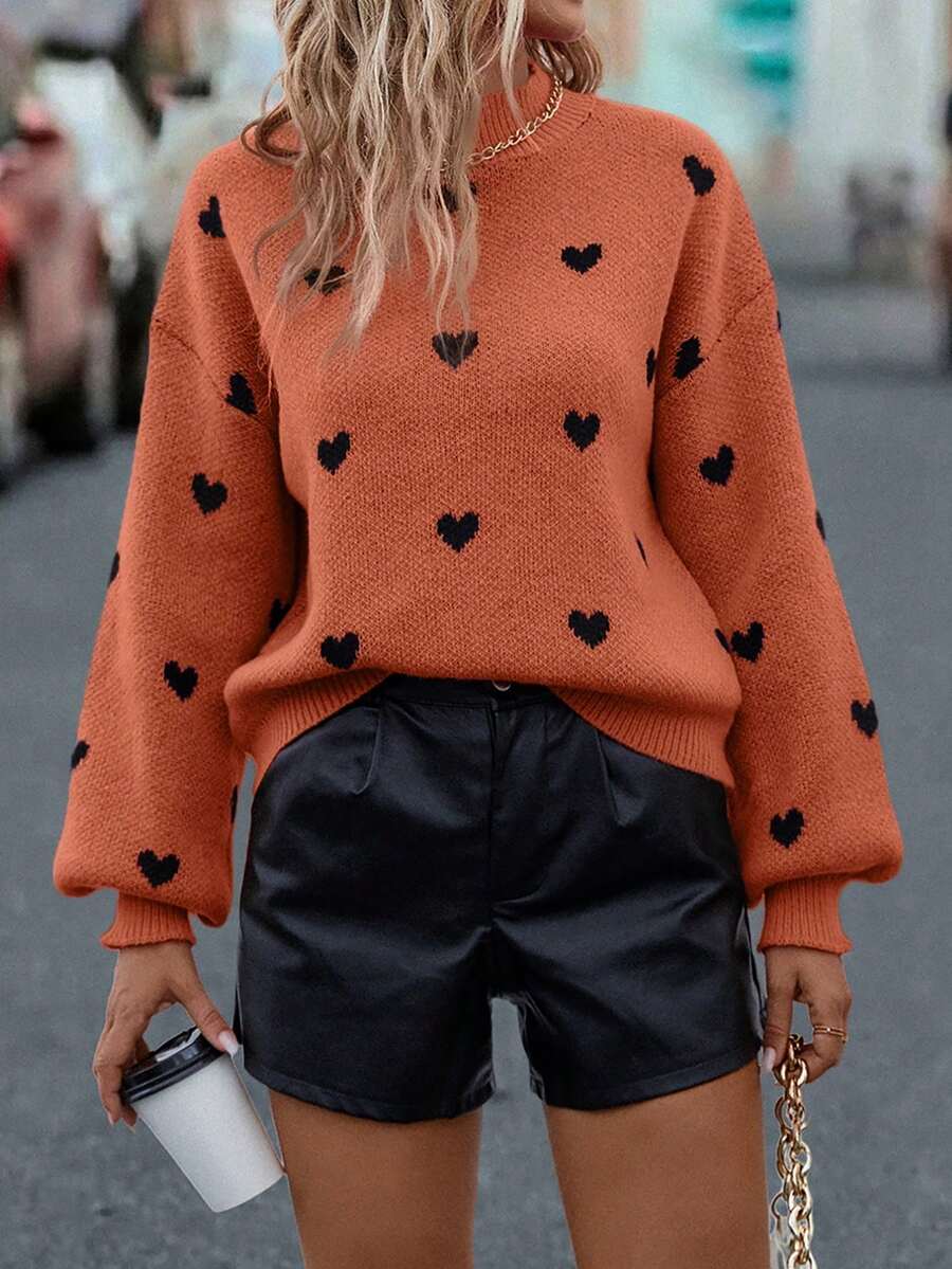 SHEIN LUNE Suéter de hombros caídos con estampado de corazón, informal para otoño/invierno - Rojo - Ver 1