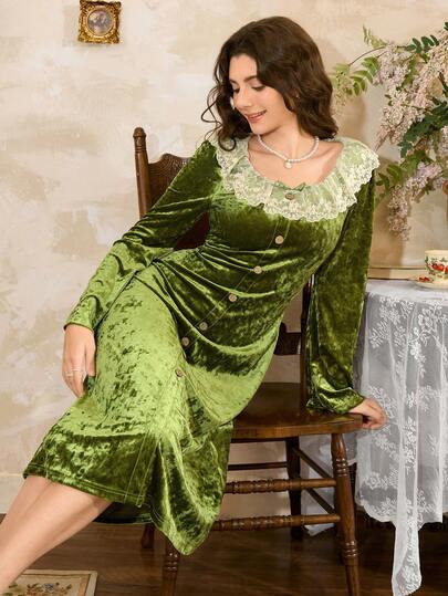 Côtesoire Elegante French Romantic Kanten Ruffle Splice Fluwelen Button Women Nightgown Groen Dress view 6