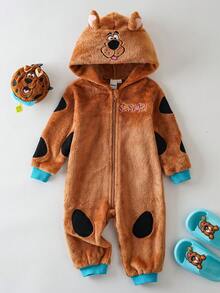 SCOOBY-DOO X SHEIN Macacão de Flanela Confortável com Capuz com Orelhas 3D de Cachorrinho Bordado, Estampa Fofa de Cachorro, Manga Longa e Zíper na Frente para Bebê Menino - Castanho - Visão 1
