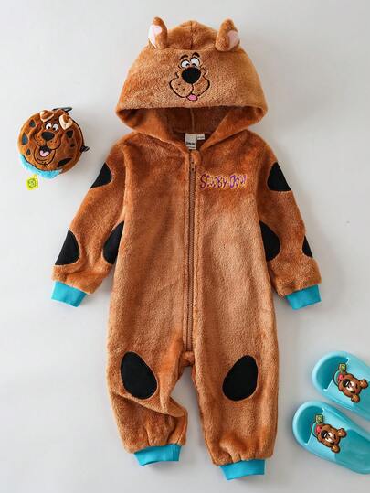 SCOOBY-DOO X SHEIN 男宝宝可爱卡通小狗刺绣3D耳朵连帽长袖拉链前开襟舒适法兰绒连体衣
