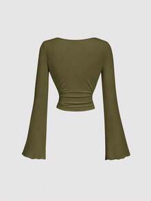 SHEIN MOD 休闲百搭宽松圆领喇叭袖军绿色T恤 - 軍綠色 - 查看 2