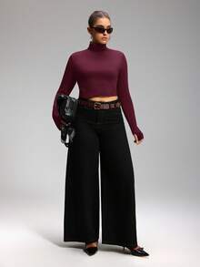 SHEIN EZwear Plus High Neck Thumb Hole Crop Tee Spring Clothes/Winter - Burgundy - View 11