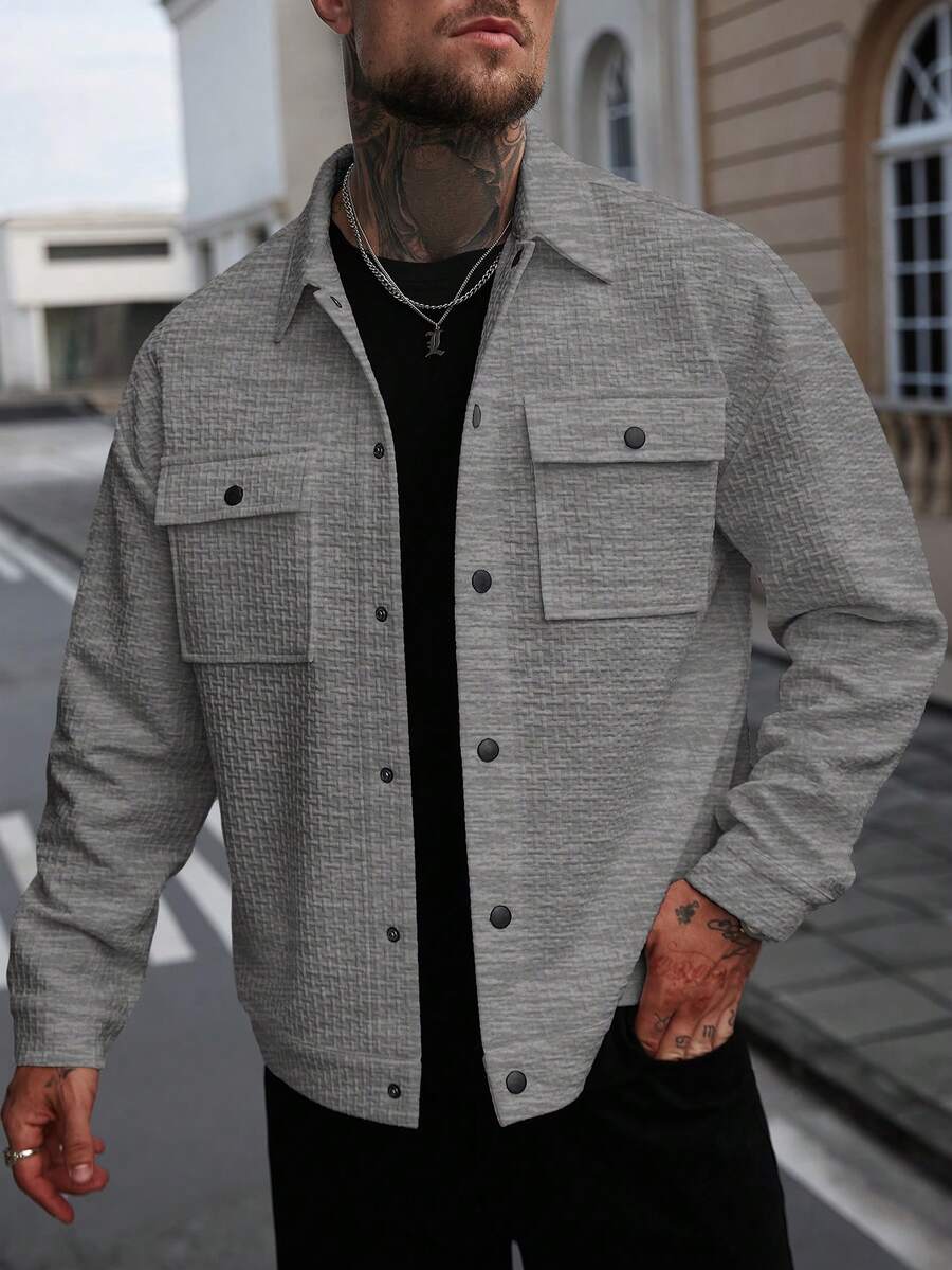 Manfinity CasualCool Chaqueta casual de manga larga de unicolor y minimalista para hombres, primavera/otoño - Gris - Ver 1