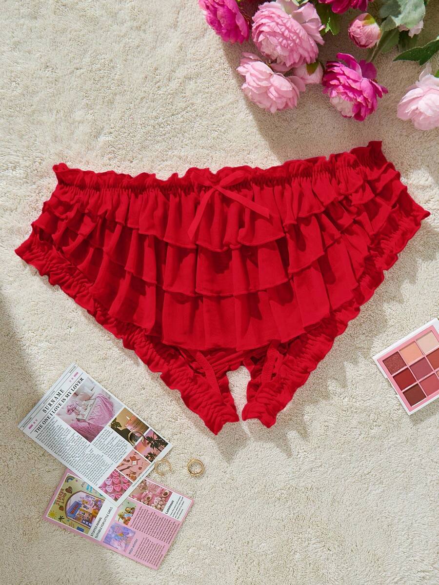 PetitDoll 大码可爱甜美多层荷叶边无裆蝴蝶结内衣 - 紅色 - 查看 1