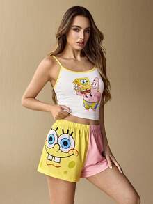 SpongeBob SquarePants | SHEIN Women's Cute Cartoon Graphic Cami Top And Shorts Pajama Set, Summer