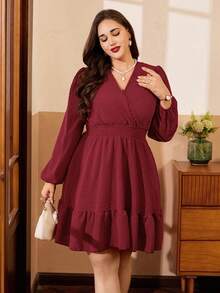 SHEIN Clasi Plus Size Solid Color Cross Shirred Puff Sleeve Ruffle Hem Cinched Waist A-Line Dress - Red - View 3