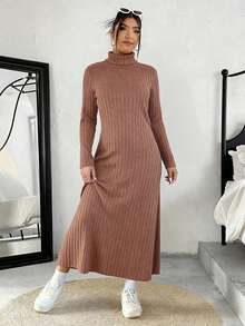 SHEIN EZwear Plus Size Women's Casual Everyday Commute Simple Solid Color Ribbed Knit Turtleneck Long Sweater Dress, Autumn/Winter - Khaki - View 5