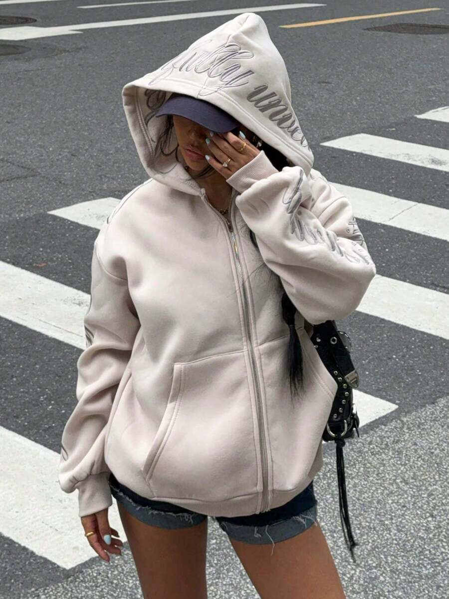 SHEIN 少女连帽运动衫，袖子绣花，前开襟 - 杏色 - 查看 1