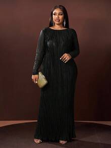 Veslaya Hàng mới về Thu/Đông, Thanh lịch & Dự tiệc & Hẹn hò & Buổi tối & Lễ tốt nghiệp & Sinh nhật & Đám cưới, Đầm maxi dài tay xếp ly dáng chữ A màu xanh lá cây trơn, phối lưới, cỡ lớn - A - màu đen - Xem 6