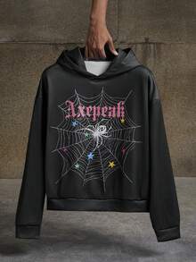 AXEPEAK Men's Casual Halloween Spider Letter Star Print Drop Shoulder Loose Fit Thermal Lined Hoodie Sweatshirt, Autumn/Winter,Fleece, Long Sleeve Top - Black - View 1