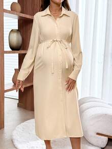 SHEIN Maternity Solid Color Long Sleeve Single-Breasted Belted Casual Shirt Dress - Khaki - View 5