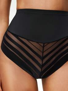 SHAPORA Women's High Waist Black Panty With Mesh Striped Splice, Fashionable Slimming, Suitable For Daily Commute And Fitness - Black - View 7