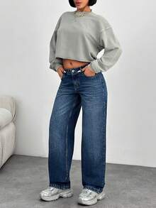 EURMUSE Blue Retro Fashion Low Waist Versatile Casual Straight Jeans - Medium Wash - View 3