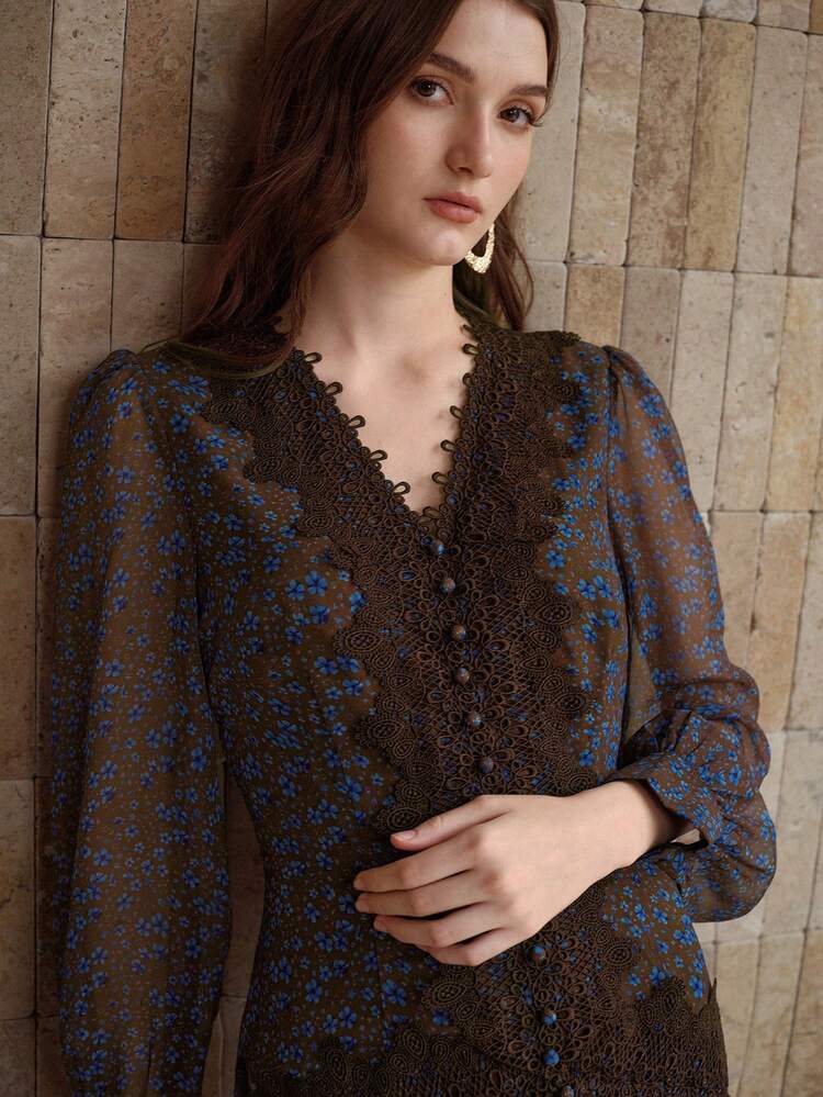 WOMEN'S VINTAGE ELEGANT CHIFFON DITSY FLORAL LACE PANEL LONG DRESS