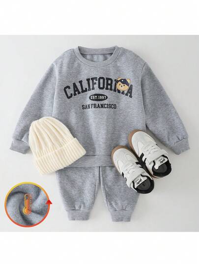 THE HAPPY LOOK 2pcs/Set Young Boy Letter Graphic Soft Knit Crew Neck Long Sleeve Pullover Pullover Sweatshirt And Elastic Waist Jogger Pants