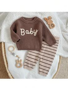 Loomiva Newborn Baby Boy/Girl Brown Cute Cartoon Letter Pattern Round Neck Shoulder Sweater & Striped Winter Pants Set,Autumn Casual Versatile Infant Outfit - Multicolor - View 6