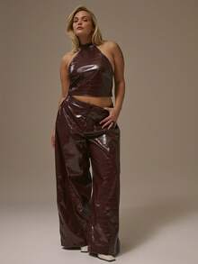 MUSERA Plus Wide Leg Pu Animal Leather Jeans Autum Party Curve - Red - View 1