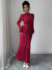 SHEIN Elenzya Autumn/Winter New French Elegant Stand Collar Ruched Fitted Bodycon Cocktail Dress, Sophisticated Design, Suitable For Formal Occasions - Burgundy - View 7