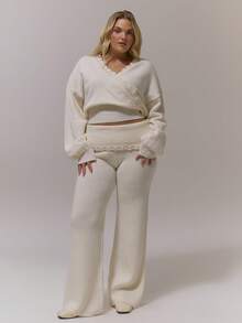 MUSERA Áo len cổ chữ V, viền móc, dáng ngắn, cỡ lớn, chất liệu dệt kim, có phần thắt eo, thích hợp cho mùa thu, đông, ấm áp, mặc hàng ngày, mùa xuân. - Màu be - Xem 5