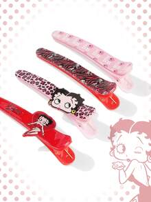 Betty Boop | ROMWE Fashionable Letter & Cartoon Pattern Hair Clips - Pink + Red - View 3