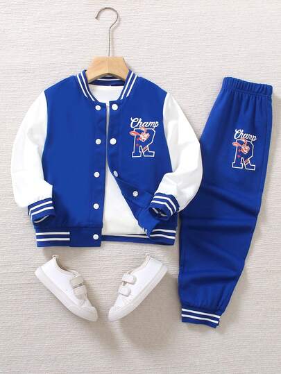 SHEIN Genkimix Kids 4-7 Years Old Boys' Varsity Style 2-Piece Set - Blue Knit Top With White Sleeves, Large Letter "R" Print, Matching Printed Sweatpants With Ribbed Collar, Cuffs And Hem, Comfortable And Casual, Suitable For Spring/Autumn, Daily Wear, Sports, School, Travel
