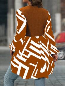 SHEIN Clasi 大码女式印花拼接灯笼袖休闲上衣，春夏款 - 橘色 - 查看 2
