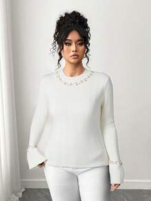 Elenzga Plus Size Women Elegant Beaded French Flare Sleeve Knit Pullover