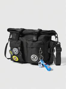 ROMWE Grunge Punk 輕便商務休閒中型郵差包釋放扣裝飾帶包飾和徽章適合青少年女孩女大學生、菜鳥和白領非常適合辦公室、大學、工作、商務、通勤、戶外、旅行、郊遊 - 黑色 - 查看 2