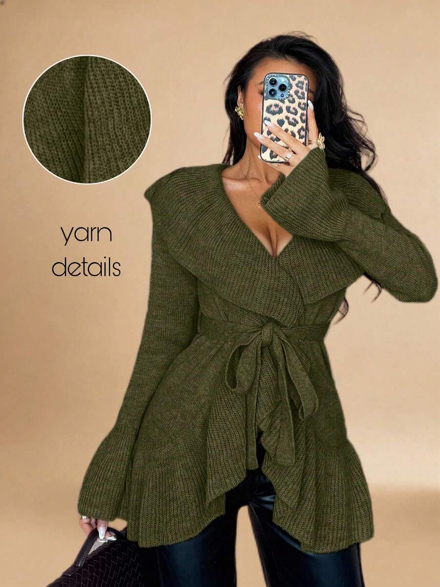 Rafferiza 女士简约优雅法式浪漫系带开衫 绿色开衫 女士橄榄绿 - 軍綠色 - 查看 1