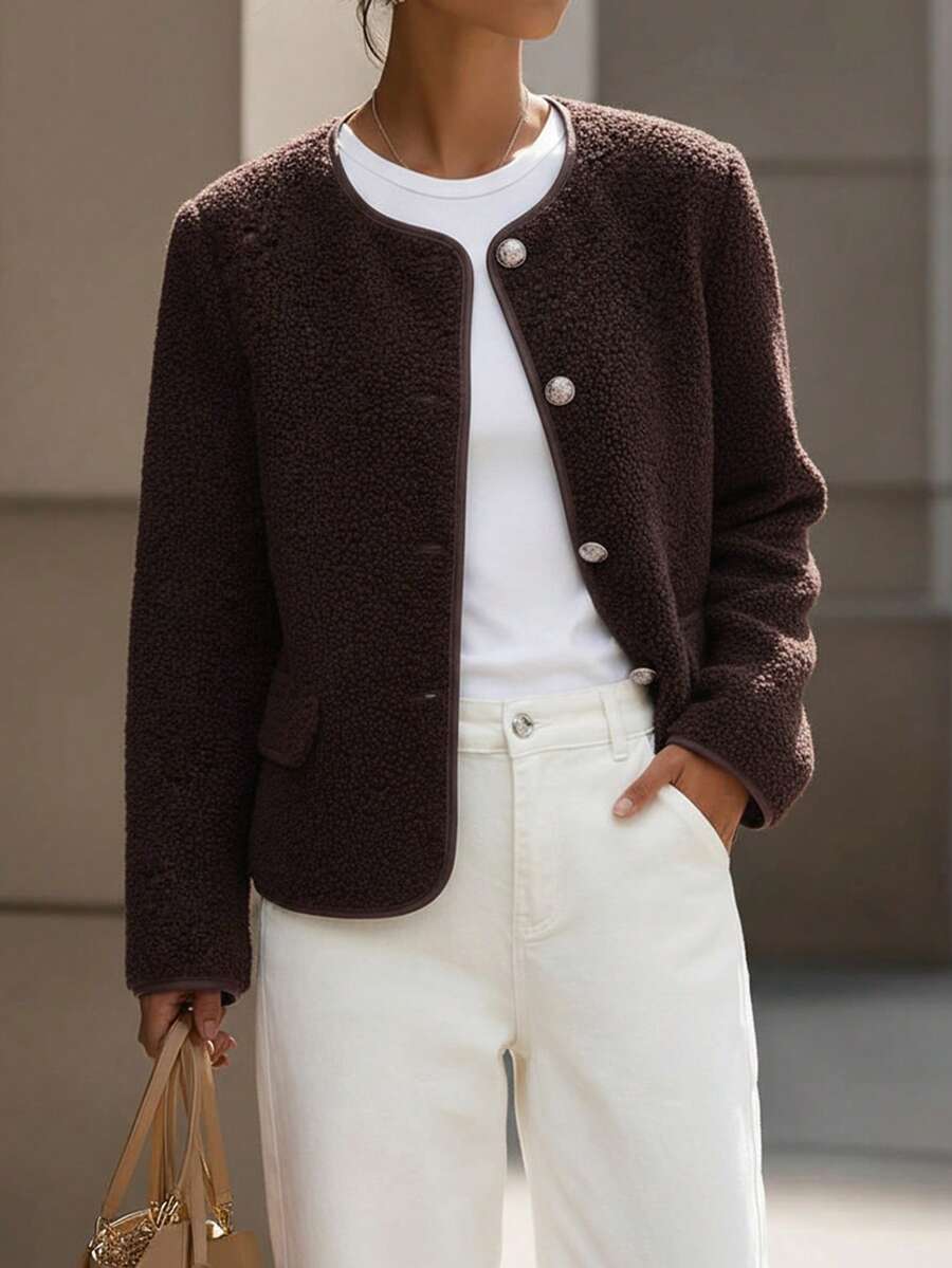 EMERY ROSE 女士單排扣無領外套 - 咖啡棕 - 查看 1