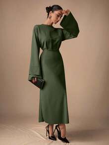 EURMUSE Elegant Commuter Solid Color Bell Sleeve Dress - Army Green - View 5