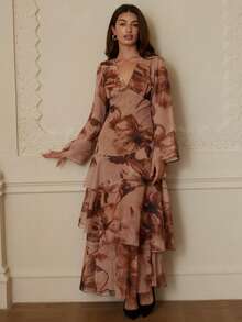GENKIRA New Arrival Spring/Summer Floral Chiffon Print Multi-Layer Sexy Flared Dress - Orange - View 5