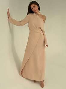 Aloruh Women's Elegant Gathered Waist A-Line Dress With One Shoulder, Minimalist Design For Commuting, Autumn/Winter - Khaki - View 5