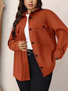 Zelara Plus Size Solid Color Drop Shoulder Long Sleeve Front Button Casual Versatile Overcoat - Coral Orange - View 3