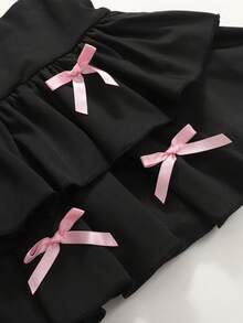 SHEIN Girlism 少女休闲、运动、校园、返校季、黑色层叠荷叶边裙短裤，蝴蝶结装饰，甜美又酷炫，黑粉色，春夏，清爽，基础款，日常百搭，运动时尚夏季，返校季，校服 - 黑色 - 查看 6