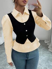 SHEIN Elenzya Áo thun nữ 2 trong 1 kẻ sọc chắp vá cài nút phía trước, mùa thu - Màu vàng - Xem 6