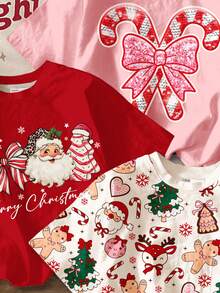 SHEIN 3pcs/Set Young Girl Casual Red,Summer,Satin Short Sleeve Round Neck T-Shirts,Christmas Santa Hat,Reindeer,Tree,Candy Cane Bow,Snowflake Prints,Daily - Multicolor - View 6