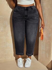 SHEIN SXY 大码休闲日常做旧猫须口袋牛仔裤 - 黑色 - 查看 6