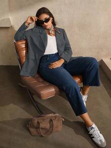 Juhart Plus Size Women Vintage Brown Elegant Botanical Embossed Blazer - Grey - View 4