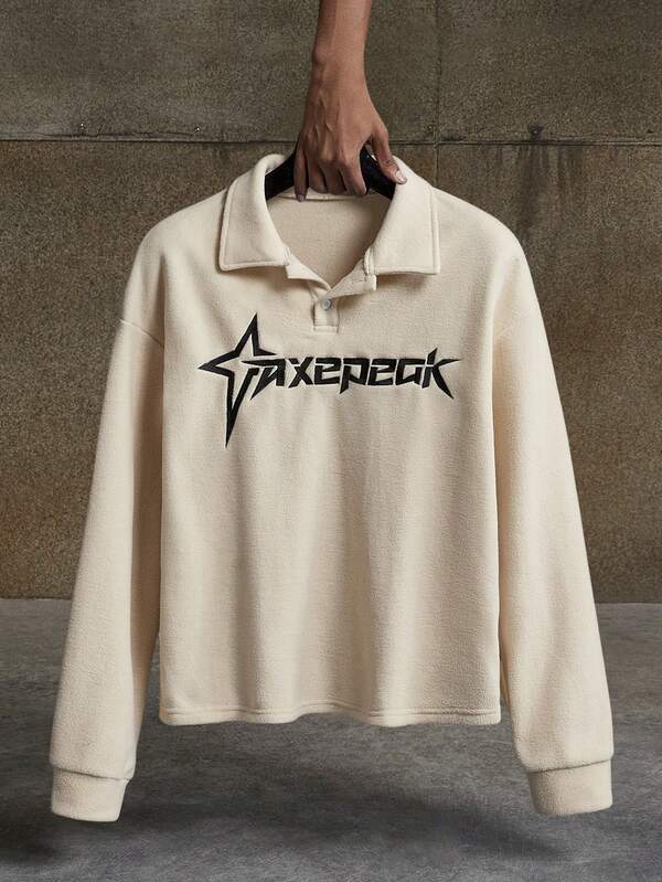 AXEPEAK Camisa polo casual de hombre con bordado de letras, manga larga, para otoño/invierno