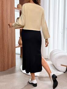 SHEIN 孕妇休闲日常通勤宽松插肩毛衣和可调节腰围毛衣裙套装，秋冬季 - 彩色 - 查看 2