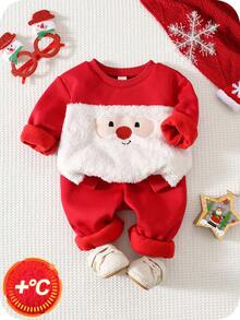 SHEIN Set de 2 piezas Sudadera de manga larga y pantalón jogger con estampado de dibujos animados lindos para bebé niño/niña en Navidad, ropa unisex para bebé, ropa de invierno para bebé, conjunto de Navidad