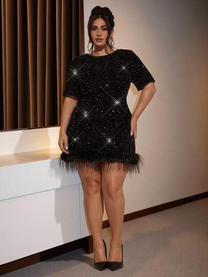 SHEIN BAE Vestido negro de manga corta con aplicaciones de lentejuelas para mujer de talla grande