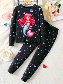SHEIN Tween Girl Casual Comfortable Round Neck Glow-In-The-Dark Mermaid Cartoon Print T-Shirt And Pants Pajama Set - Multicolor - View 7